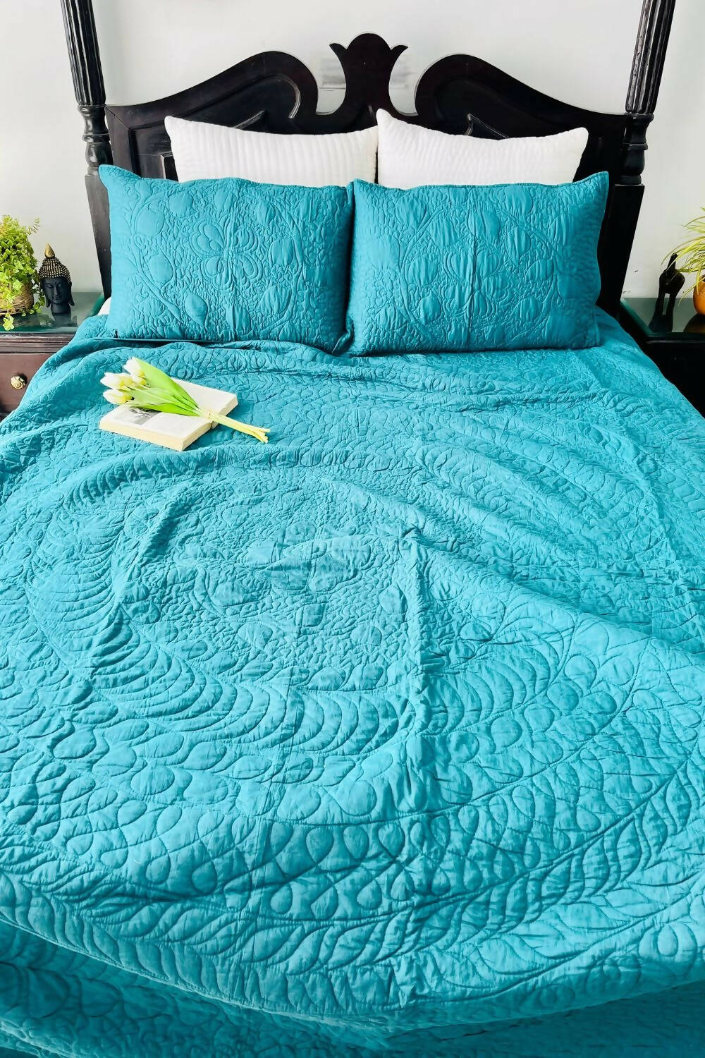 Teal Blue Solid Quilted Bedcover