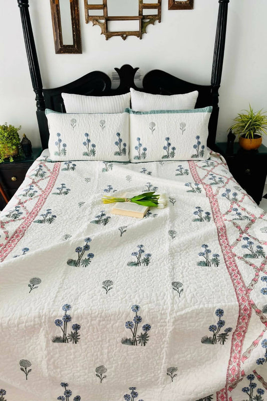 Blue Dandelion Handblock Printed Quilted Bedcover