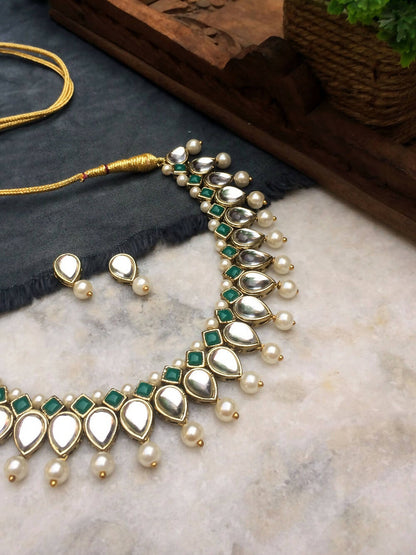 Kundan Pearl and Green Stone Drop Necklace Set