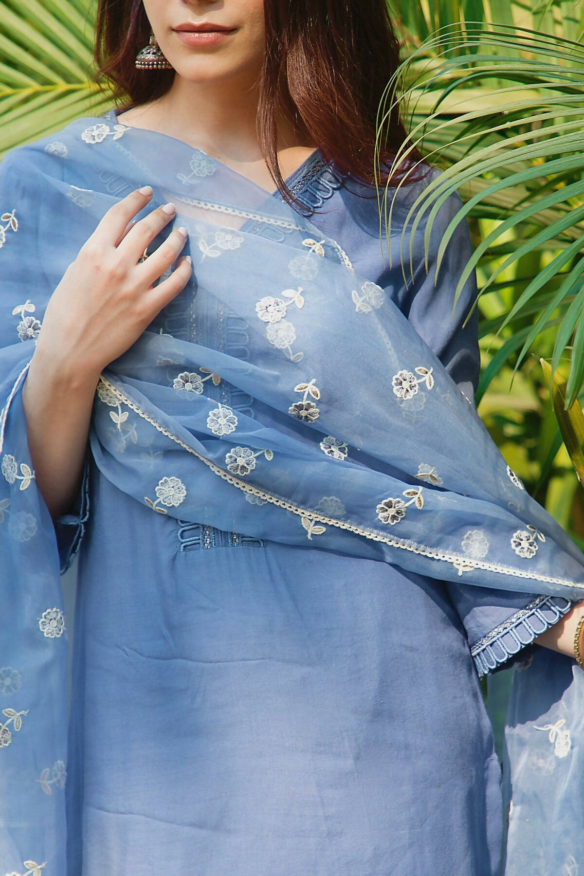 Blue Embroidered Organza Dupatta Set