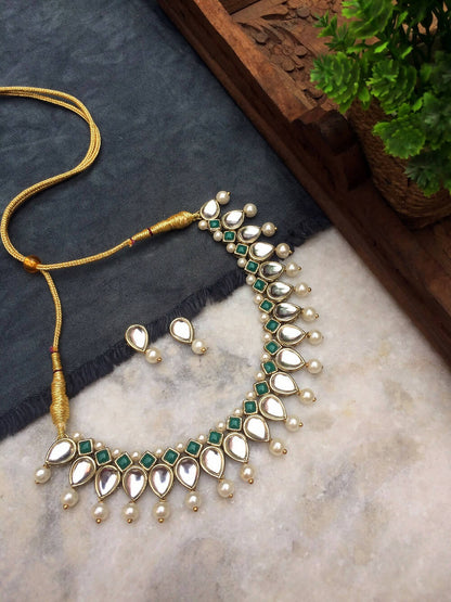 Kundan Pearl and Green Stone Drop Necklace Set