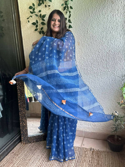 Indigo Akola Kota Doria Handblock Saree