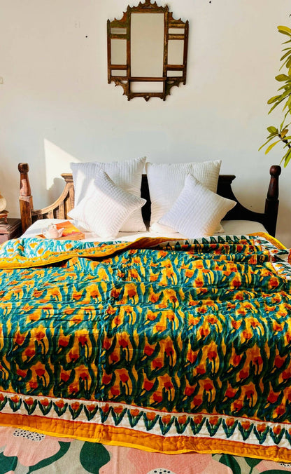 Yellow Tulip Block Print Reversible Quilt