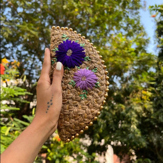 Dual Flower Embroidered Half Moon Clutch