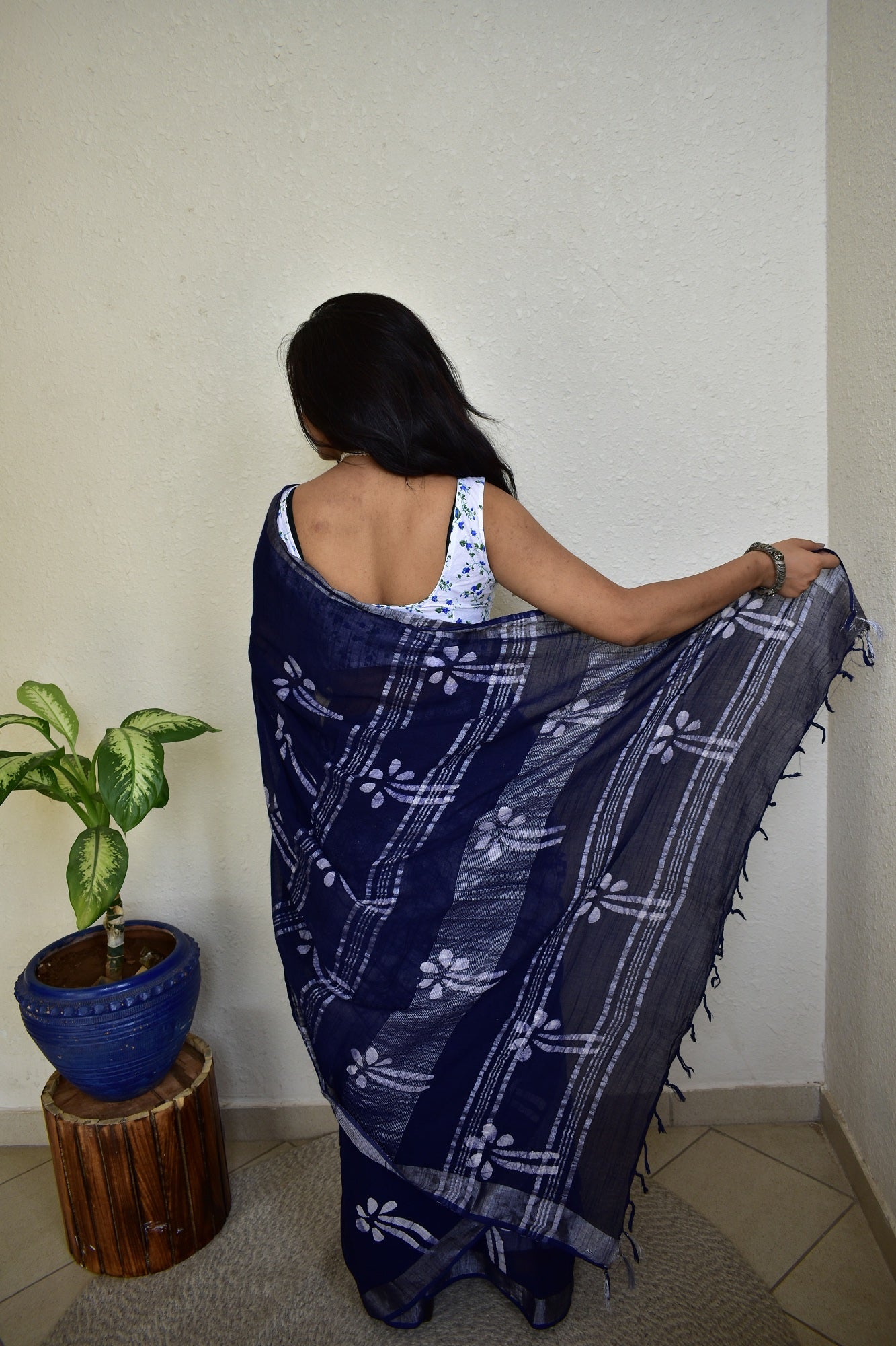 Indigofera Enchatment Handblock Print Natural Dyed Linen Cotton Saree