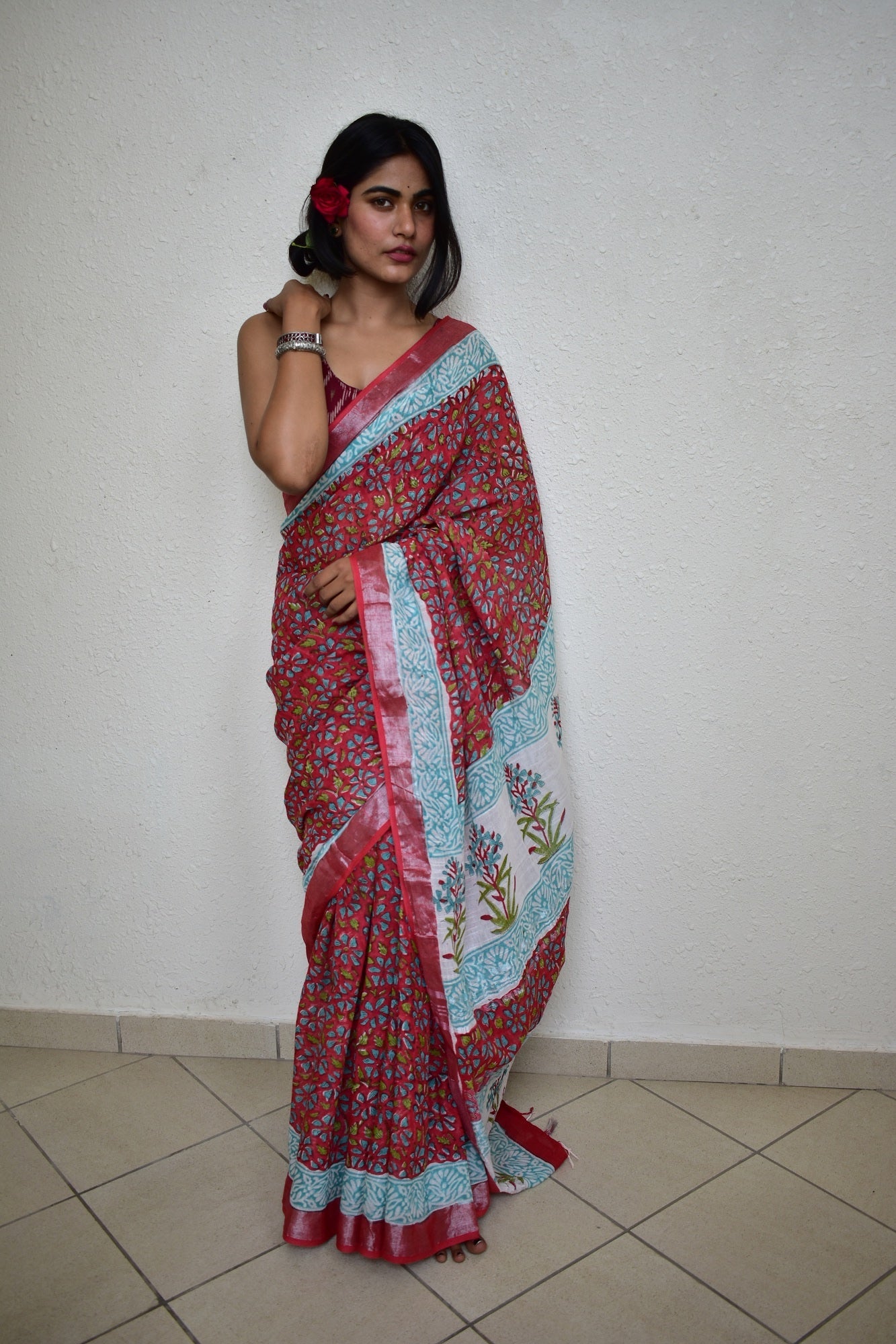 Red Ixora Handblock Print Natural Dyed Linen Cotton Saree