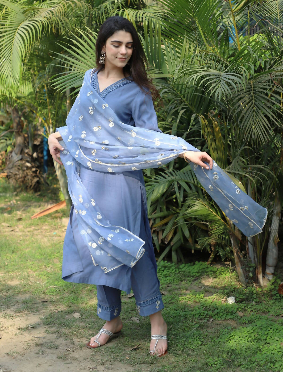 Blue Embroidered Organza Dupatta Set