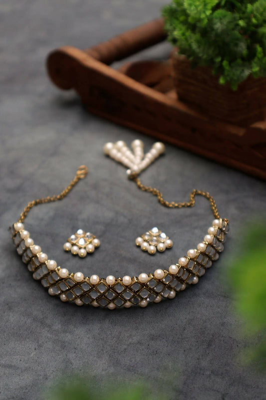 Geo Kundan and Pearl Choker Necklace Set