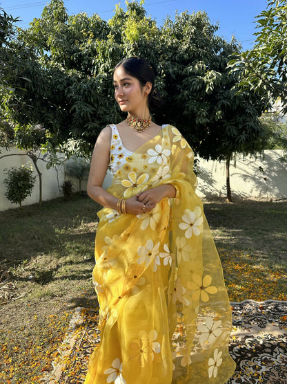 Daisy Organza Handpainted Yellow Saree