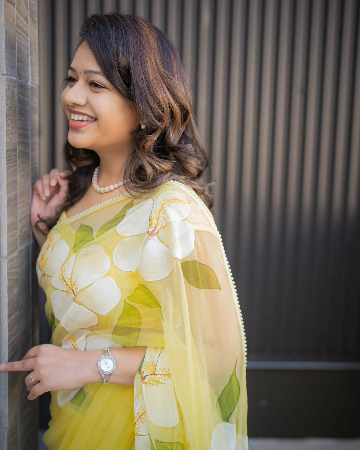 Hibiscus Chiffon Saree With Pearl Border