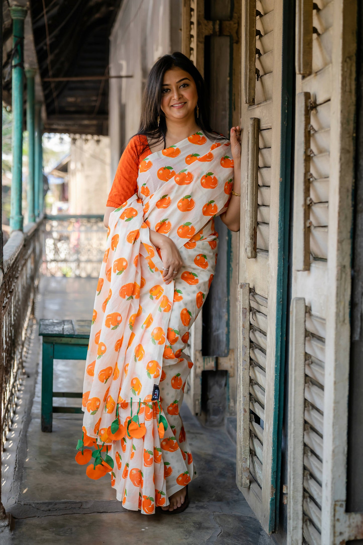 Orange White Printed Saree