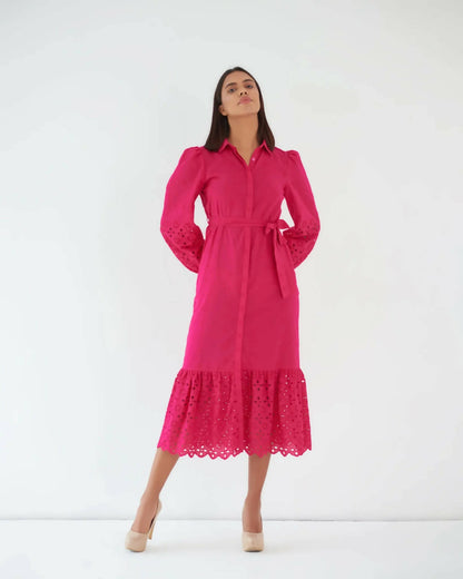 Effortless Elegance - Hot Pink Cotton Shirt Dress