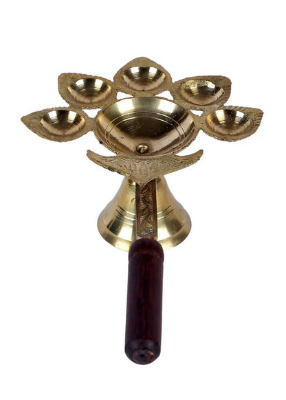 Brass Panch Aarti with Wooden Handle