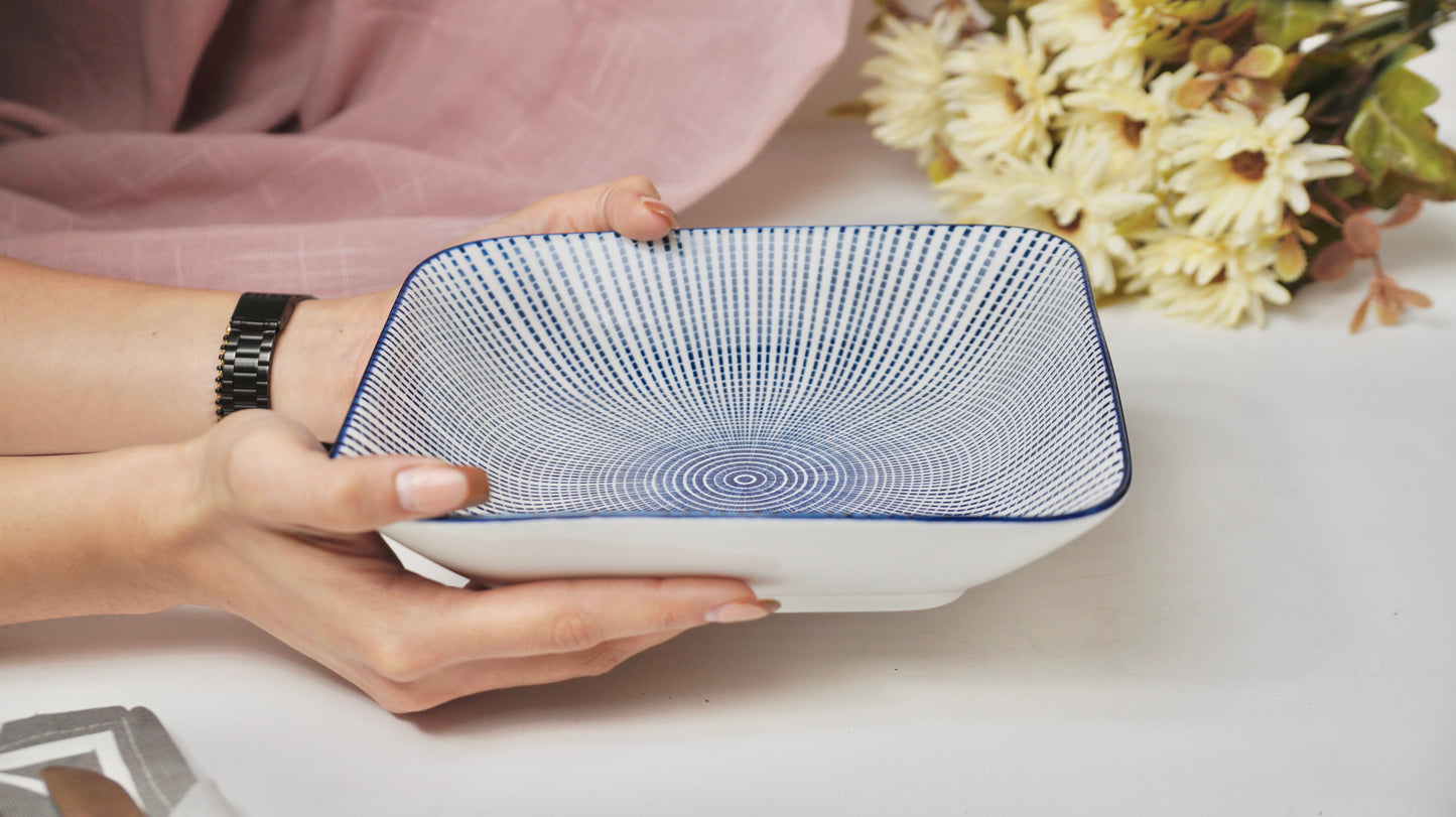 Blue Dotted Lines Ceramic Serving Bowl