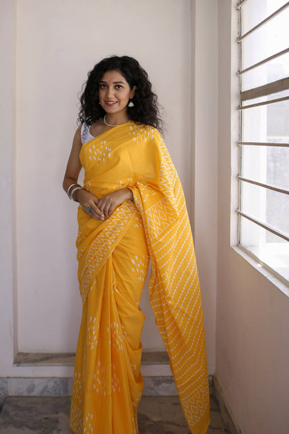 Drizzle in Backyard - Hand Block Print Mulmul Cotton Bagru Saree