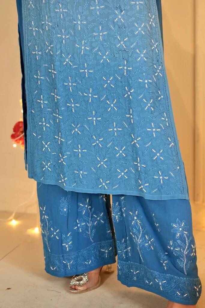 Blue Ombre Sia Chikankari And Pearl Work Kurti/Set