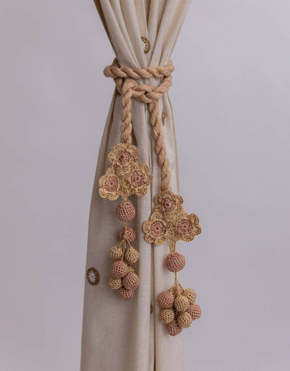 Crochet Curtain Tie Backs Pair Kono Beige Triple Flower & Beads