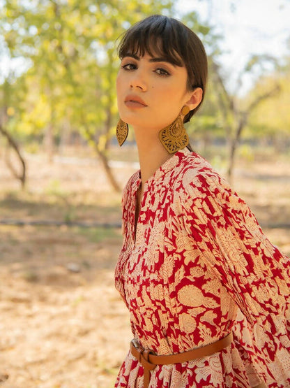 Red Rose Tunic Dress- Red Hand Block Printed Cotton Tunic Dress