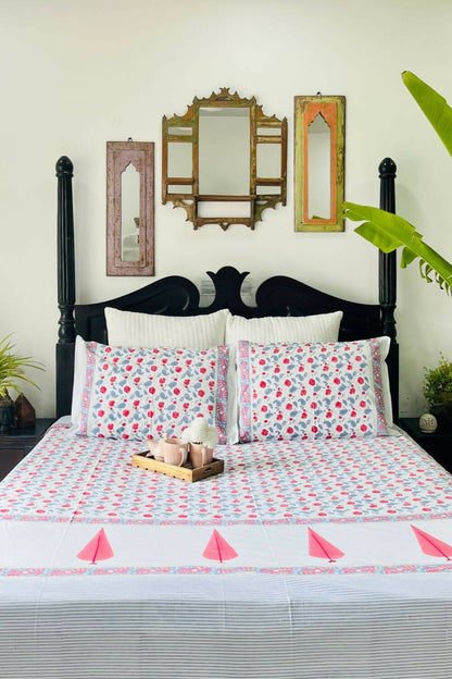 Tuberose Hand Block Printed Cotton Bedsheet - Queen Size