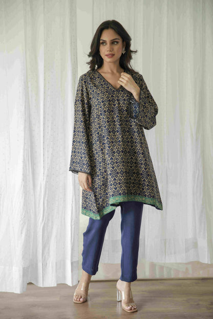 Dark Blue Printed Kurta Pant Set