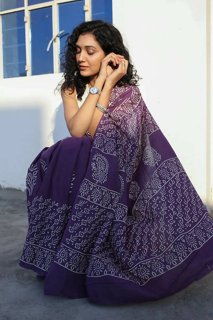 Enchanted Grape - Hand Block Cotton Bagru Saree