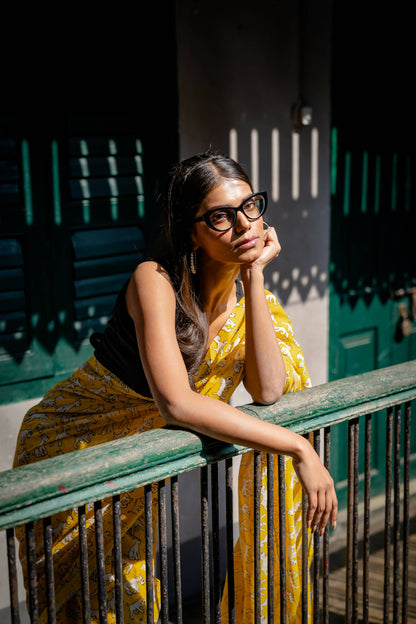 Snowy Yellow Cotton Printed Saree