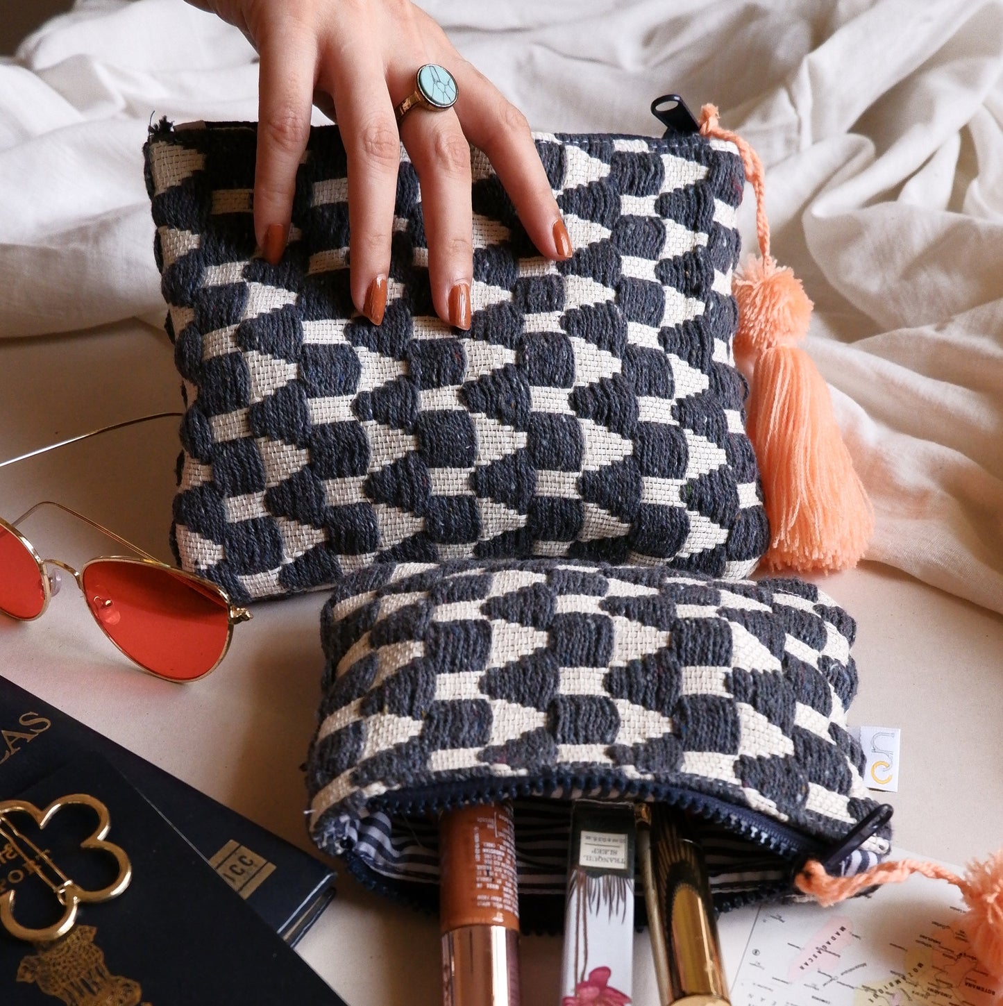 Monochrome Geometric Tassel Pouch - Set of 2