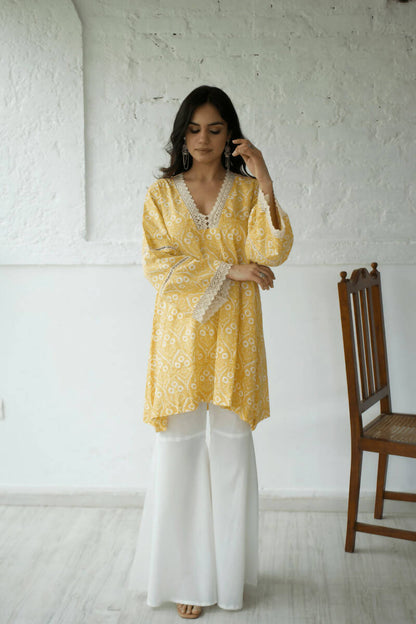 Yellow White Kurta Flared Pant Set