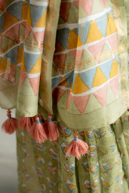 Pastel Birdies in Pistachio Green Chanderi Saree