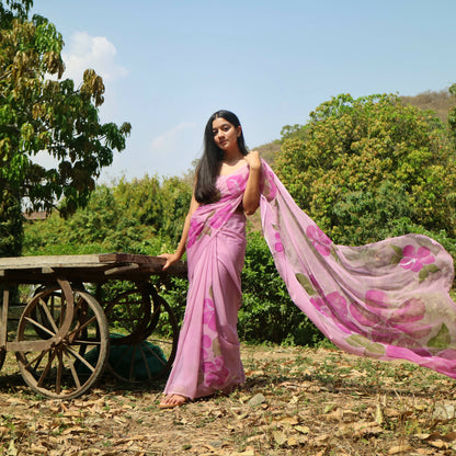 Hibiscus Chiffon Saree In Lilac