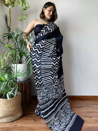 Boho Black Cotton Pocket Saree