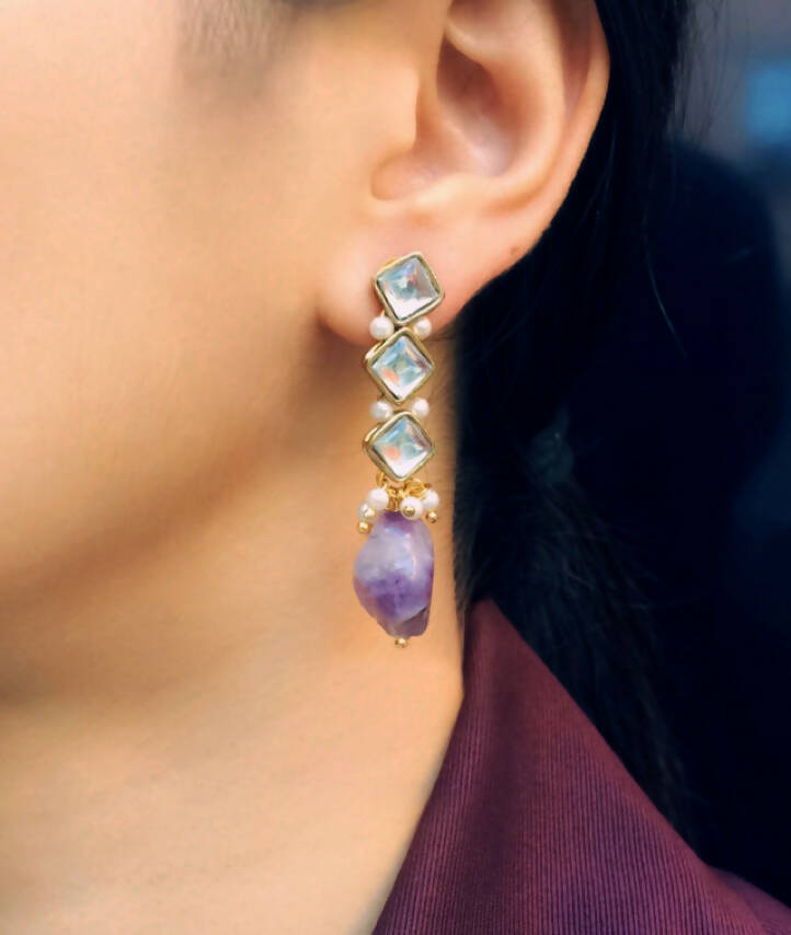 Natural Stone and Kundan Dangler Earrings