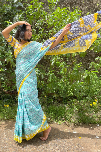 Sunbird Mul Cotton Blue Saree