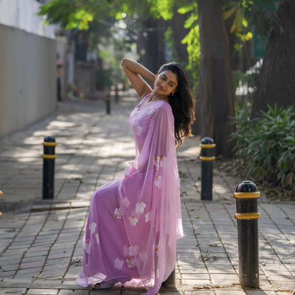 Lilac Half-Daisies Chiffon Saree