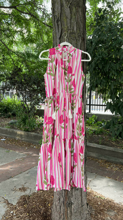 Pink Poppy Flower Tier Dress (Sleeveless)