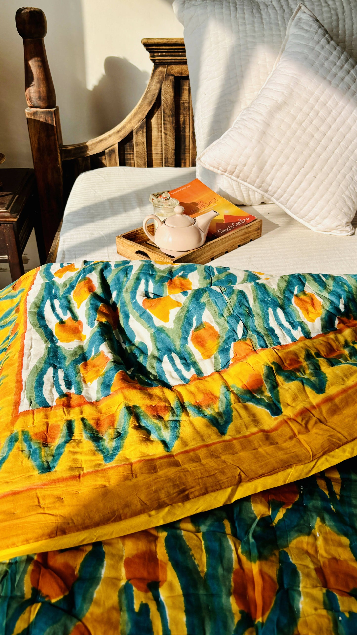 Yellow Tulip Block Print Reversible Quilt