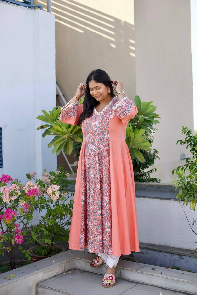 Floral Printed Anarkali- Peach