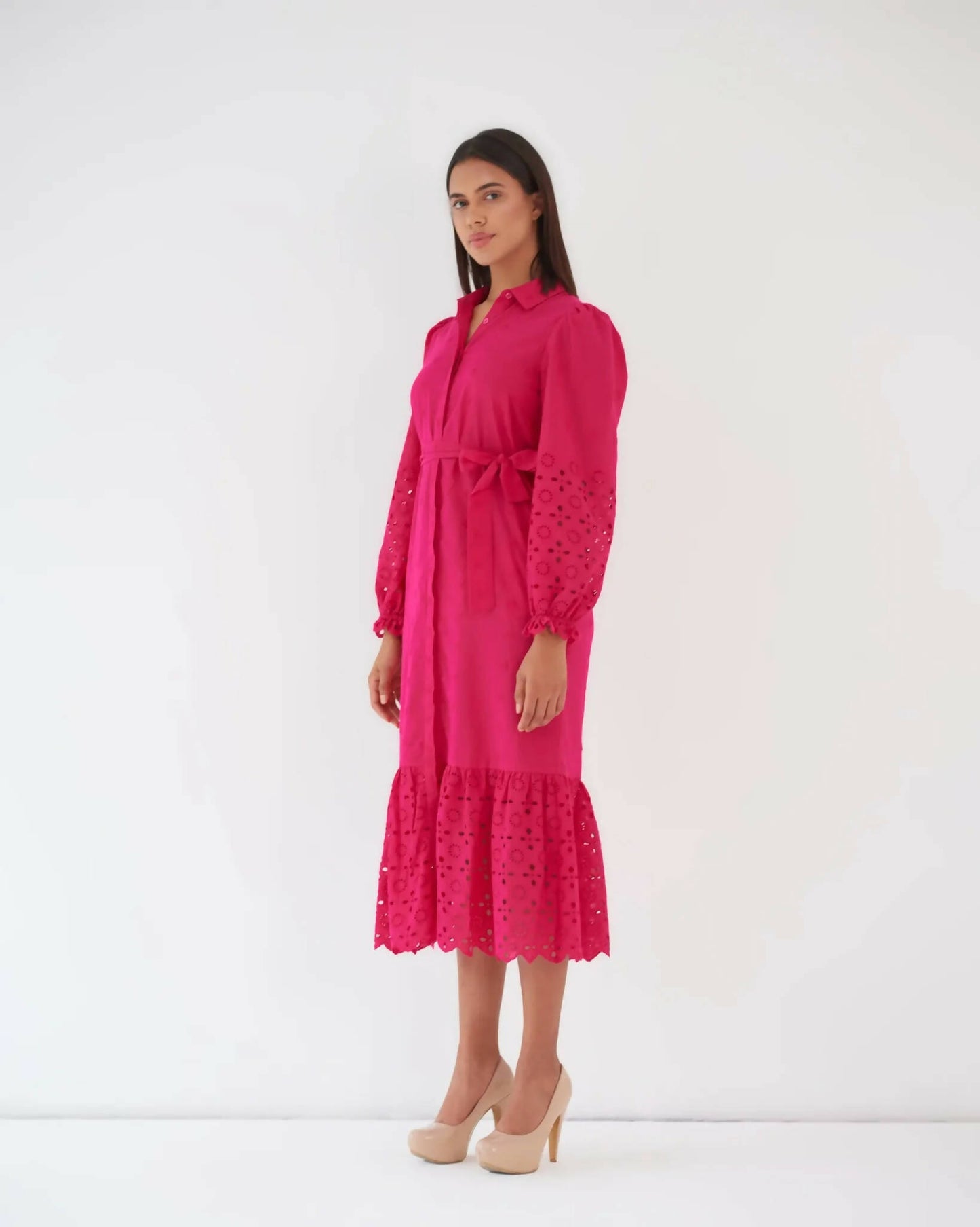 Effortless Elegance - Hot Pink Cotton Shirt Dress