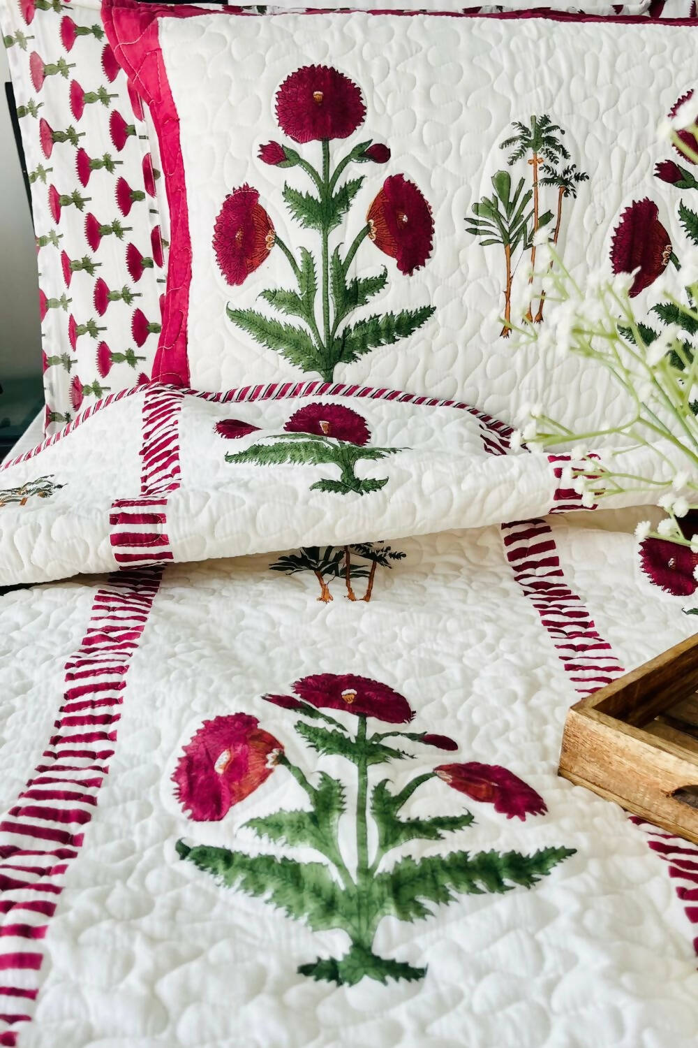 Royal Poppy Handblock Printed Quilted Bedcover