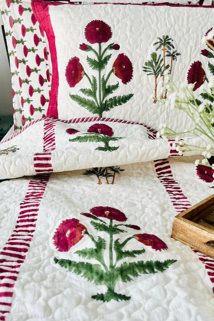 Royal Poppy Handblock Printed Quilted Bedcover