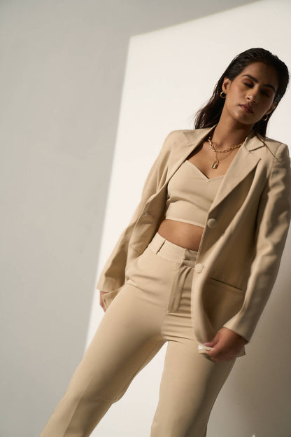 Stronger Now Beige Blazer With Straight Pants Set