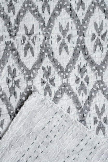 Diamond Block Printed Kantha Bedcover