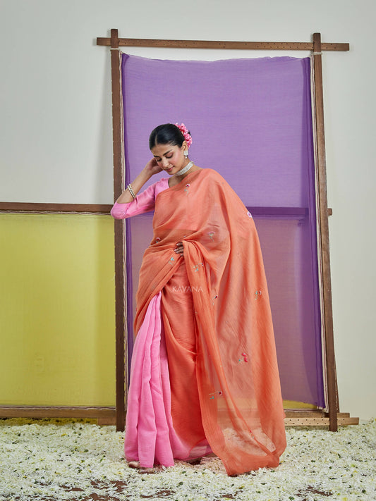 Suman Orange Pink Chanderi Saree