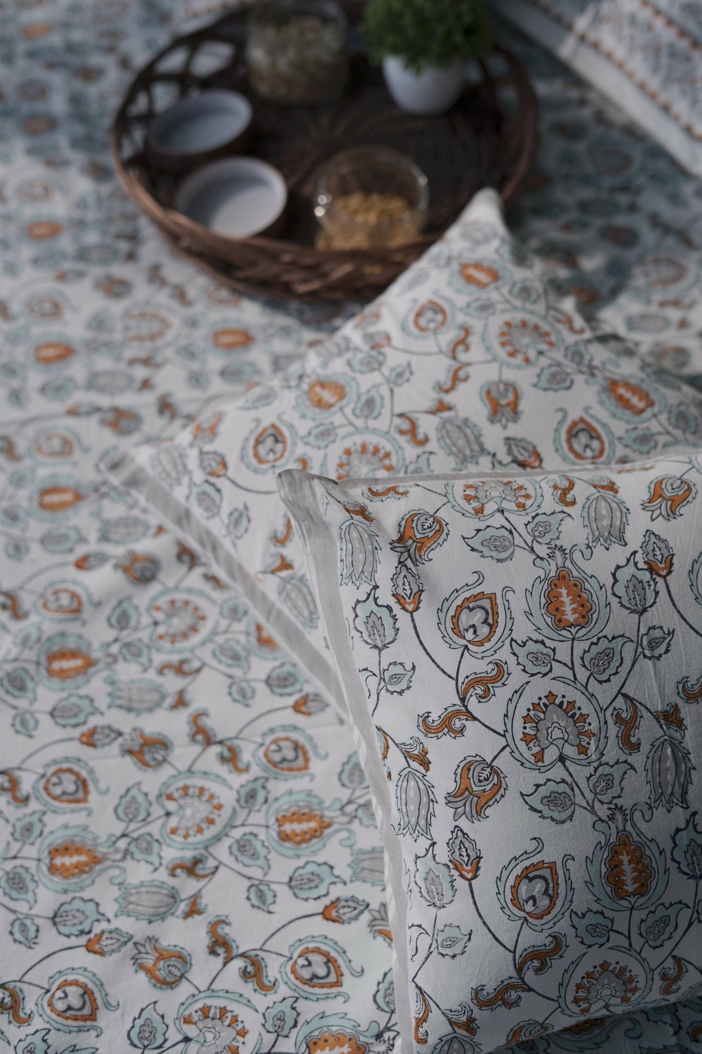 Blue Grey and Orange Arabic Motif Bedsheet Set