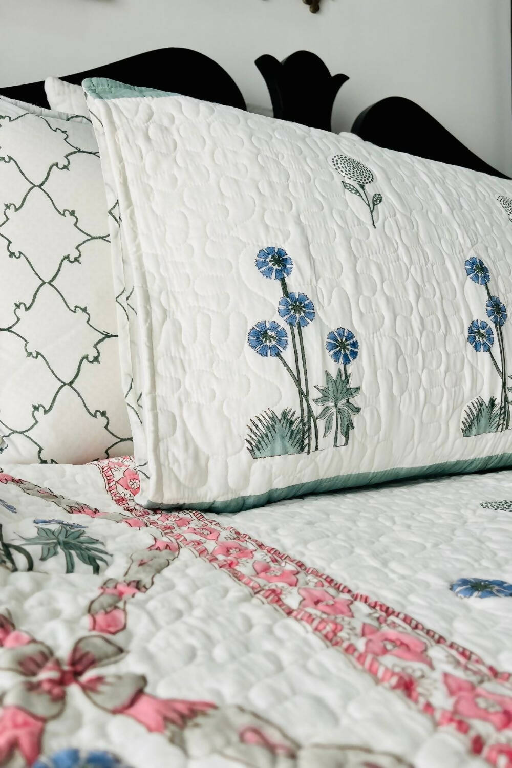 Blue Dandelion Handblock Printed Quilted Bedcover