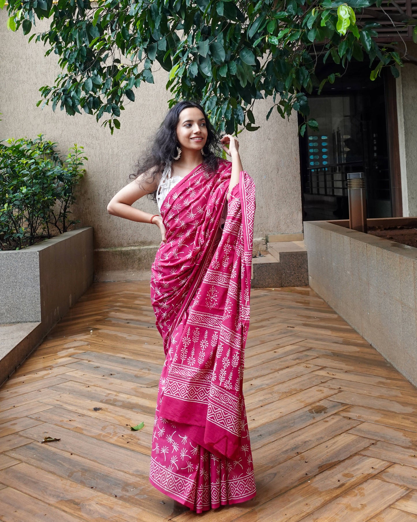 Dandelions in the Sky - Hand Block Print Mulmul Cotton Bagru Saree