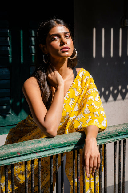 Snowy Yellow Cotton Printed Saree