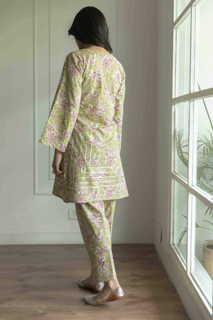 Two Piece Printed Mehendi Kurta Pant Set