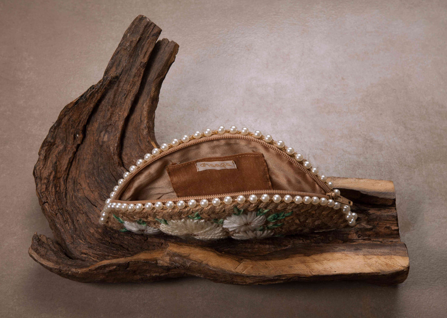 White daisy rose gold half moon clutch