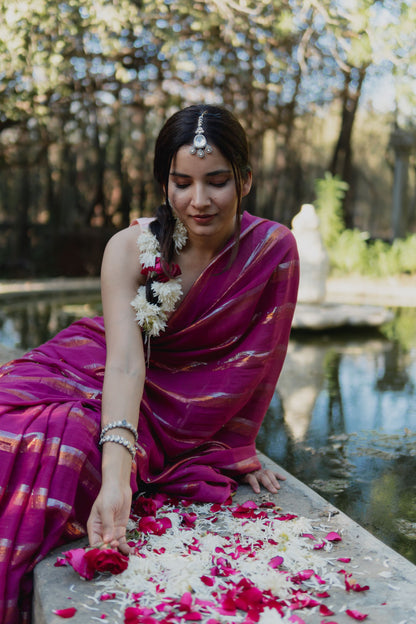 Gold & Silver Lurex Stripes Saree With Tassels